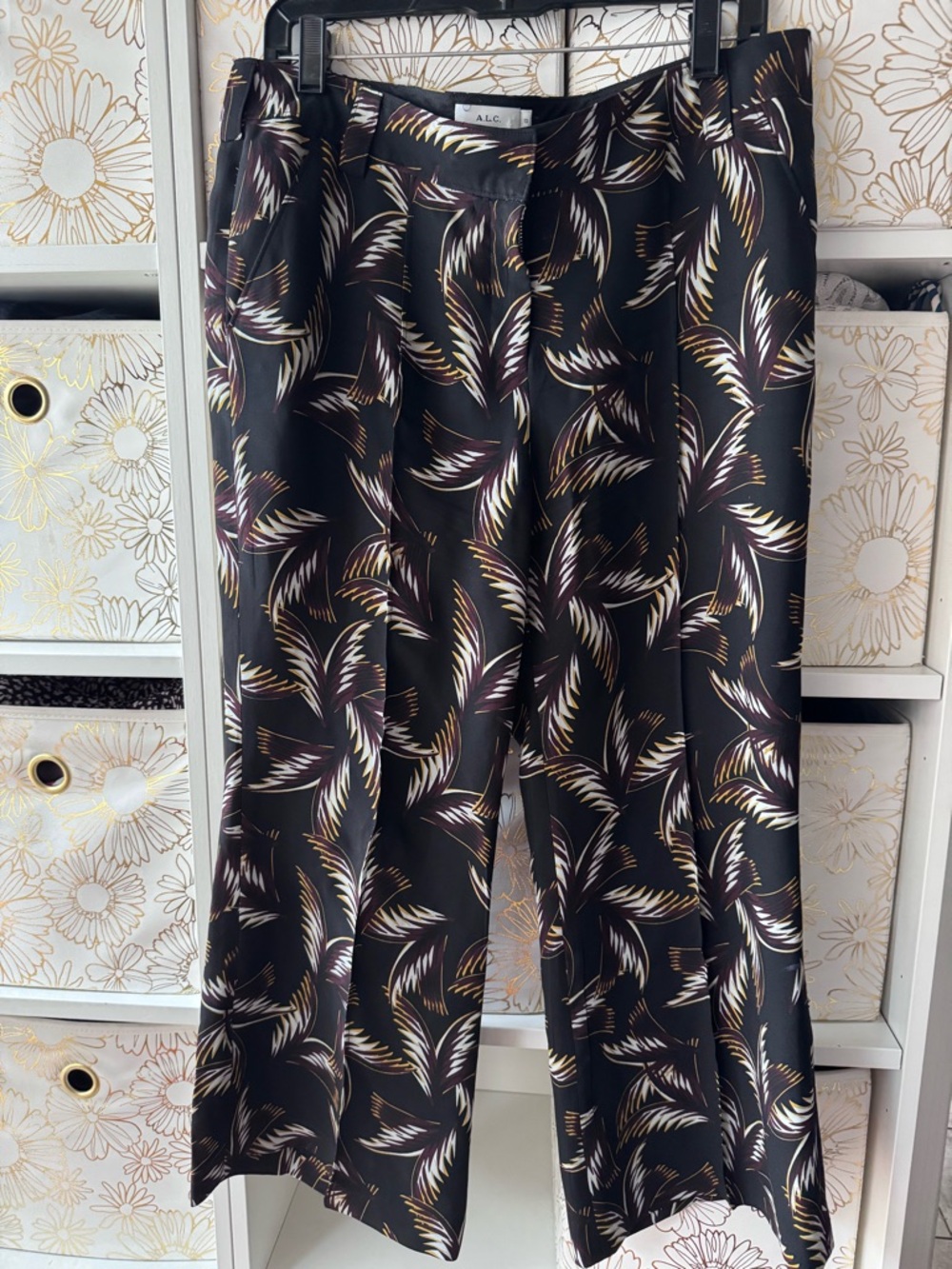 A.L.C. Black Pants with Gold and Cream Feather Print FREE SHIPPING
